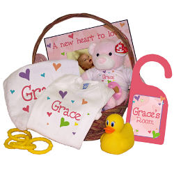 C06181 - New Baby "She's All Heart" Personalized Deluxe Gift Basket